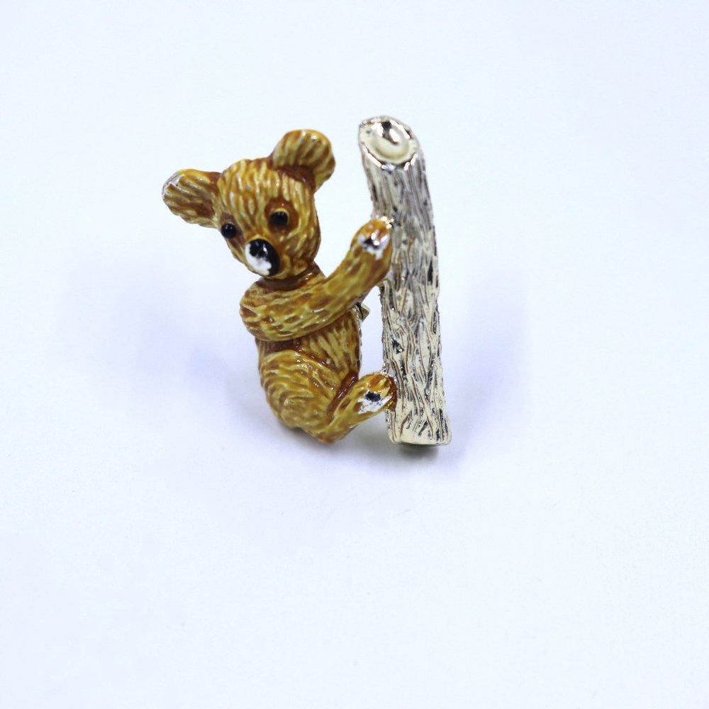 Gold Tone & Enamel Koala Bear on Branch Pin Brooch